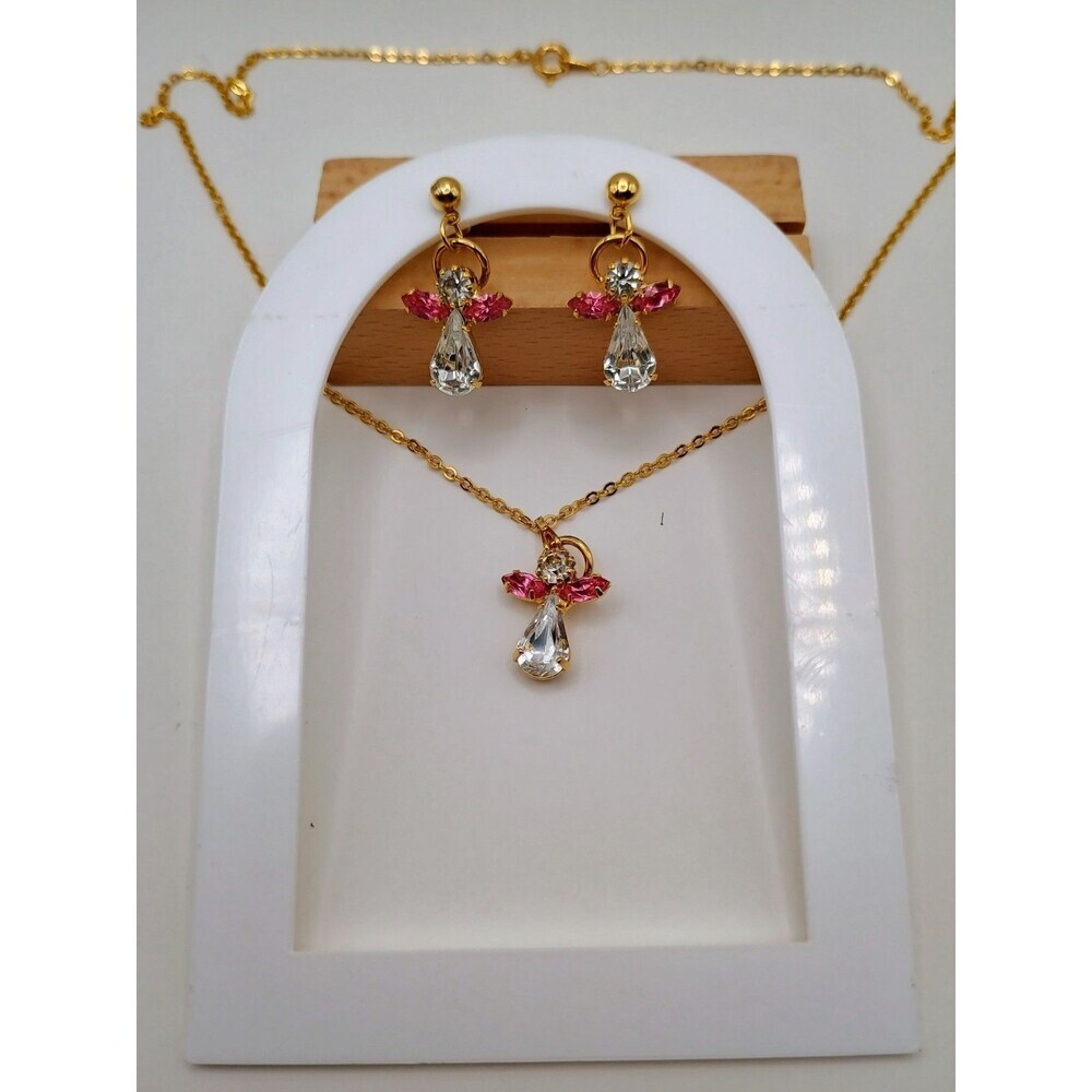 Pink And Gold Angel Necklace And Earrings Set